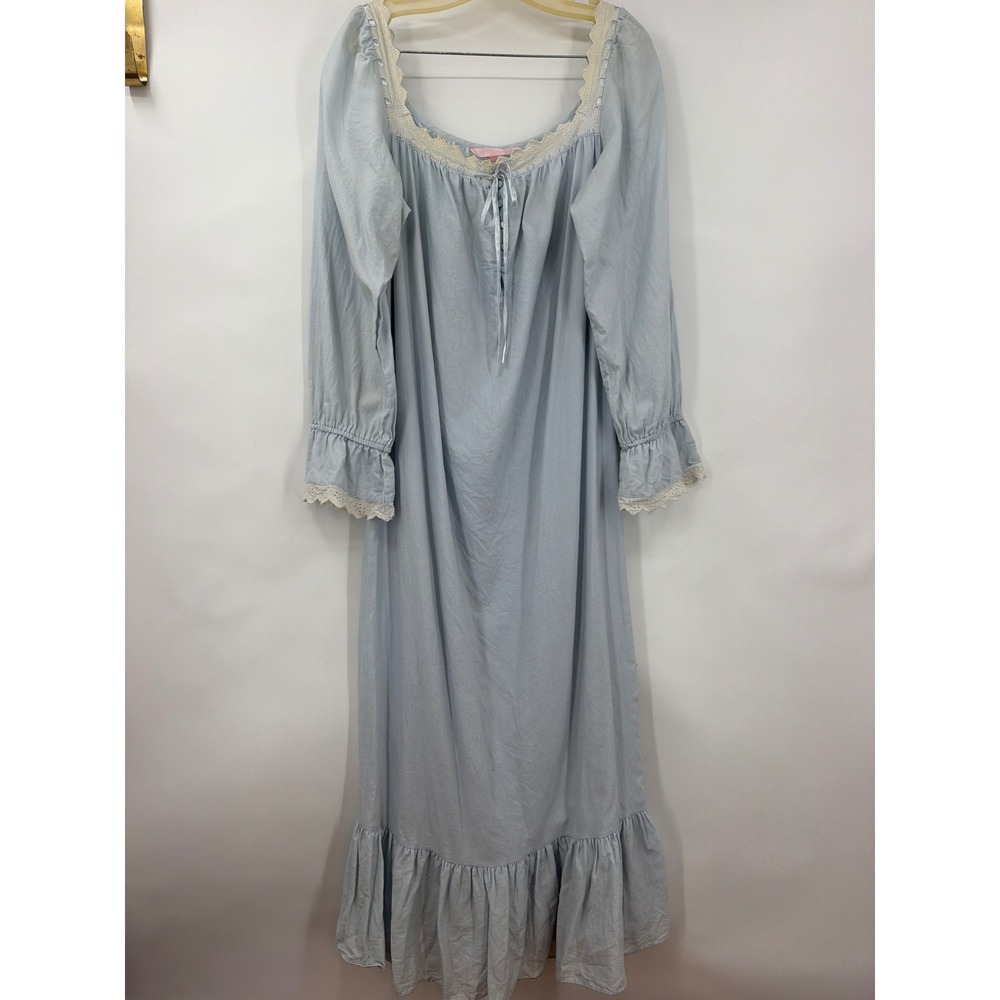 Vintage Victorias Secret Blue Cotton Lace Nightgown Long Sleeve Ruffle Large